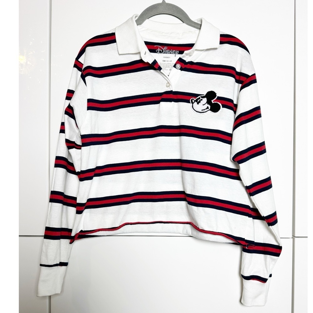 Disney Cropped Polo Shirt Collared Long Sleeve Size Small Striped Preppy 90’s